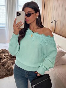 Siren Gaze Women's New Autumn Asymmetric Shoulder Lace Patchwork Sweater - Mint Green - View 9