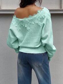 Siren Gaze Women's New Autumn Asymmetric Shoulder Lace Patchwork Sweater - Mint Green - View 2