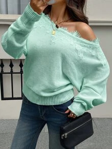 Siren Gaze Women's New Autumn Asymmetric Shoulder Lace Patchwork Sweater - Mint Green - View 8