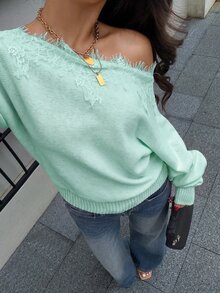 Siren Gaze Women's New Autumn Asymmetric Shoulder Lace Patchwork Sweater - Mint Green - View 3