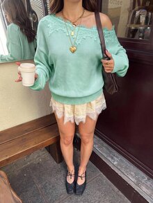 Siren Gaze Women's New Autumn Asymmetric Shoulder Lace Patchwork Sweater - Mint Green - View 6