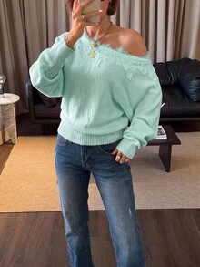 Siren Gaze Women's New Autumn Asymmetric Shoulder Lace Patchwork Sweater - Mint Green - View 7