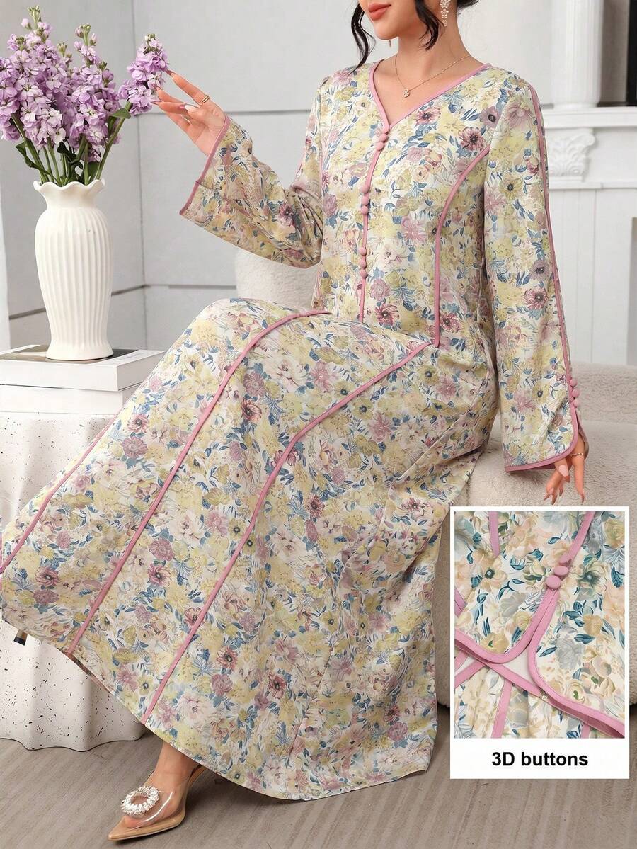 Al Najma 紫色花卉撞色系带纽扣优雅连衣裙 - 黃色 - 查看 1