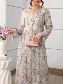 Al Najma 紫色花卉撞色系带纽扣优雅连衣裙 - 黃色 - 查看 6