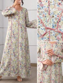Al Najma 紫色花卉撞色系带纽扣优雅连衣裙 - 黃色 - 查看 3