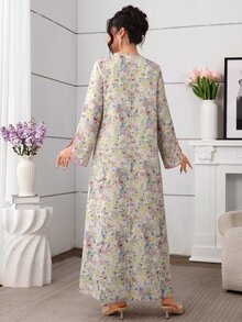 Al Najma 紫色花卉撞色系带纽扣优雅连衣裙 - 黃色 - 查看 5