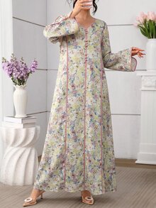 Al Najma 紫色花卉撞色系带纽扣优雅连衣裙 - 黃色 - 查看 4