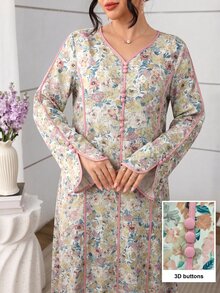 Al Najma 紫色花卉撞色系带纽扣优雅连衣裙 - 黃色 - 查看 2