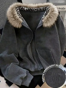 Resyla 女款毛領運動衫，秋冬新款，深灰色毛領夾克，極簡字母刺繡圖案，圖案設計，休閒百搭 - 灰色 - 查看 1