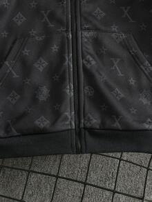 SHEIN 1件男童春秋純黑色休閒風深色圖案星星與字母滿版印花連帽拉鍊長袖外套，寬鬆落肩版型，適合日常外出、校園穿著、戶外活動、街頭風格及好友聚會 - 黑色 - 查看 6