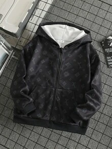 SHEIN 1件男童春秋純黑色休閒風深色圖案星星與字母滿版印花連帽拉鍊長袖外套，寬鬆落肩版型，適合日常外出、校園穿著、戶外活動、街頭風格及好友聚會 - 黑色 - 查看 3