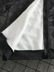 SHEIN 1件男童春秋純黑色休閒風深色圖案星星與字母滿版印花連帽拉鍊長袖外套，寬鬆落肩版型，適合日常外出、校園穿著、戶外活動、街頭風格及好友聚會 - 黑色 - 查看 5