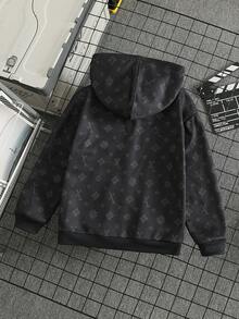 SHEIN 1件男童春秋純黑色休閒風深色圖案星星與字母滿版印花連帽拉鍊長袖外套，寬鬆落肩版型，適合日常外出、校園穿著、戶外活動、街頭風格及好友聚會 - 黑色 - 查看 2