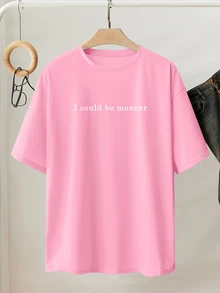 EMERY ROSE Plus Size Women Round Neck Slogan Print Casual Versatile Daily Wear T-Shirt - Pink - View 4