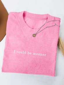 EMERY ROSE Plus Size Women Round Neck Slogan Print Casual Versatile Daily Wear T-Shirt - Pink - View 1