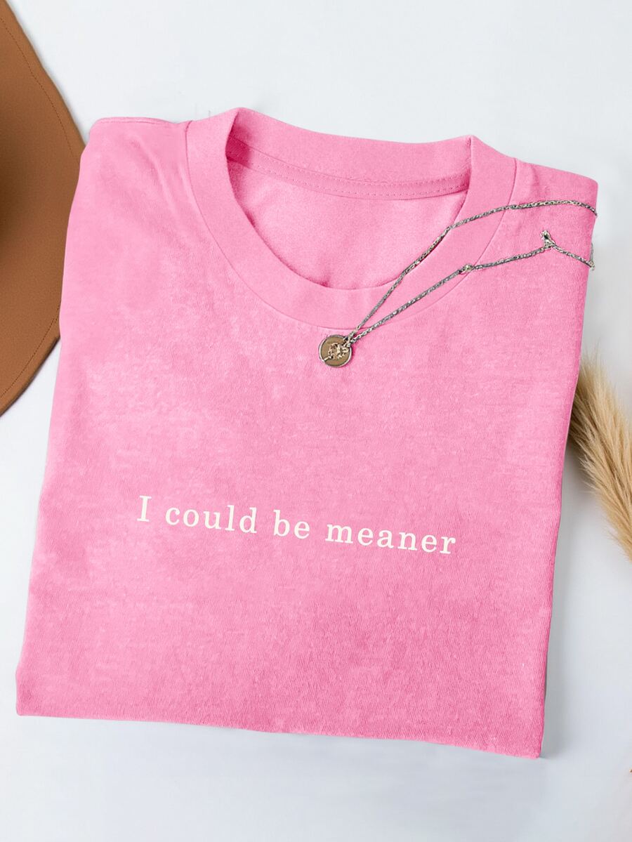 EMERY ROSE Plus Size Women Round Neck Slogan Print Casual Versatile Daily Wear T-Shirt - Pink - View 1