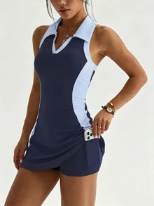 CourtClass CourtClass Women's Spring/Summer Sports Golf Dress With Contrast Color Polo Collar, Side Contrast Patchwork, Racerback, Fitted With Detachable Shorts And Pockets, Suitable For Casual Wear, Running, Yoga, Gym, Tennis, Golf - Multicolor - View 7