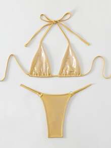 Swim SXY Women's Summer Beach Solid Color Bright Sequined Halterneck Bikini Set - Gold - View 8