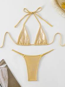 Swim SXY Women's Summer Beach Solid Color Bright Sequined Halterneck Bikini Set - Gold - View 3