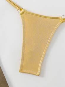Swim SXY Women's Summer Beach Solid Color Bright Sequined Halterneck Bikini Set - Gold - View 7