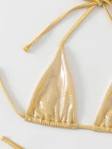 Swim SXY Women's Summer Beach Solid Color Bright Sequined Halterneck Bikini Set - Gold - View 5