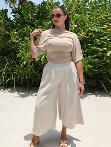 MDEdit Women Elastic Waist Fashion Loose Comfy Casual Street Mid-Length Pants Fall - Khaki - View 1