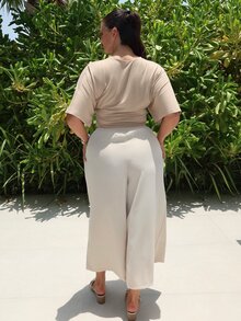 MDEdit Women Elastic Waist Fashion Loose Comfy Casual Street Mid-Length Pants Fall - Khaki - View 2