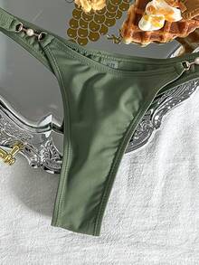 Swim Basics Women's Solid Color Halter Tie Front Sexy Bikini Set Summer - Army Green - View 5