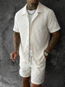 SLATEMANN 男士緹花單排扣短袖襯衫與抽繩腰口袋短褲套裝 - 杏色 - 查看 6