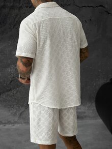 SLATEMANN 男士緹花單排扣短袖襯衫與抽繩腰口袋短褲套裝 - 杏色 - 查看 2