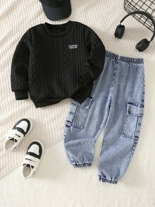 SHEIN 兒童 2 件組 小男孩/嬰兒男孩字母印花長袖運動衫與工裝褲套裝 - 彩色 - 查看 4