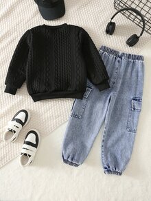 SHEIN 兒童 2 件組 小男孩/嬰兒男孩字母印花長袖運動衫與工裝褲套裝 - 彩色 - 查看 3