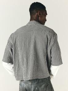 SUMWON Gingham Check Cropped Short Sleeve Shirt With Dual Chest Pockets And Script Logo Embroidery Summer Style - Black and White - View 3