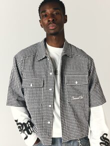 SUMWON Gingham Check Cropped Short Sleeve Shirt With Dual Chest Pockets And Script Logo Embroidery Summer Style - Black and White - View 6
