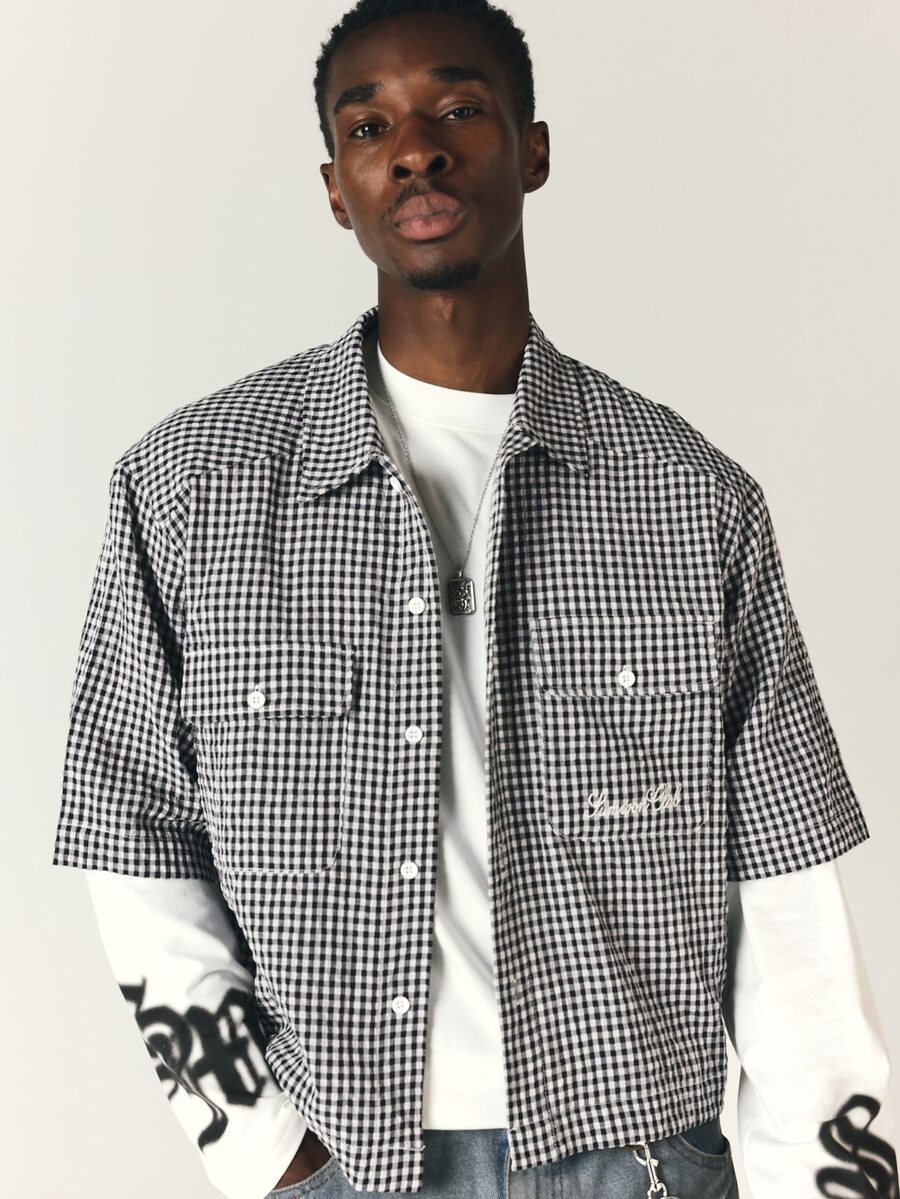 SUMWON Gingham Check Cropped Short Sleeve Shirt With Dual Chest Pockets And Script Logo Embroidery Summer Style - Black and White - View 1