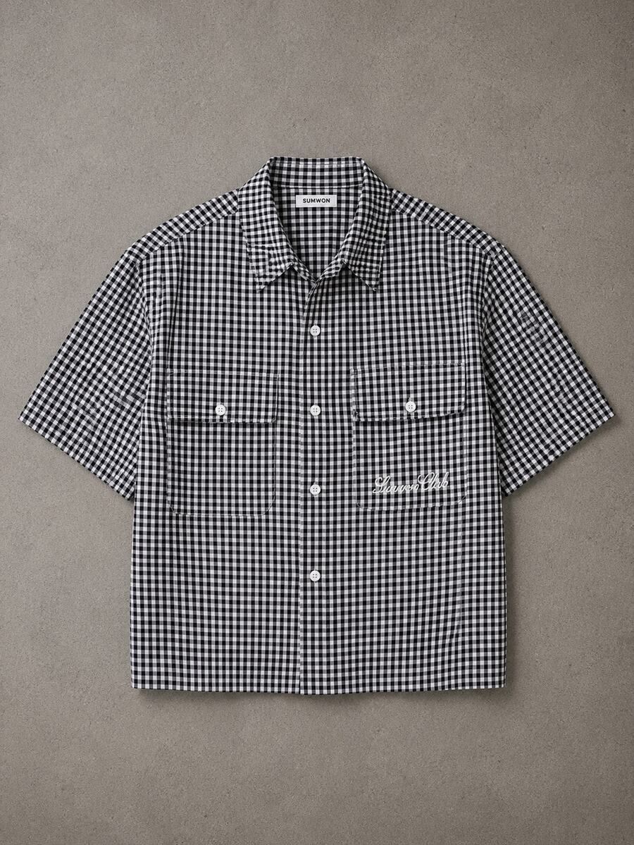 SUMWON Gingham Check Cropped Short Sleeve Shirt With Dual Chest Pockets And Script Logo Embroidery Summer Style - Black and White - View 1