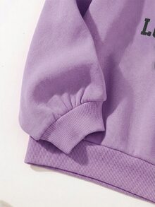 SHEIN Tween女孩舒適休閒極簡風英文標語印花大尺寸圓領長袖套頭運動衫與錐形運動長褲套裝，適合居家與外出，麻灰色 - 紫色 - 查看 7