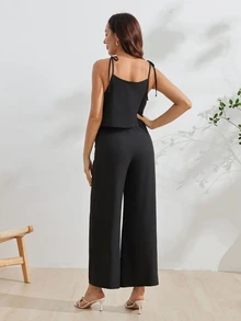 SHEIN 孕婦黑色哺乳式細肩帶繫帶連身褲 - 黑色 - 查看 2