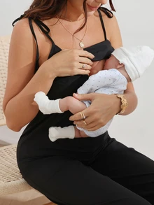 SHEIN 孕婦黑色哺乳式細肩帶繫帶連身褲 - 黑色 - 查看 5