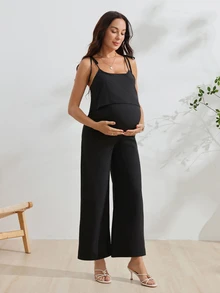 SHEIN 孕婦黑色哺乳式細肩帶繫帶連身褲 - 黑色 - 查看 4