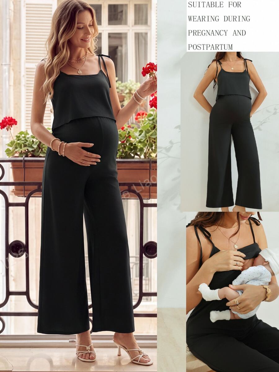 SHEIN 孕婦黑色哺乳式細肩帶繫帶連身褲 - 黑色 - 查看 1