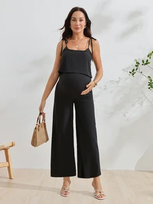 SHEIN 孕婦黑色哺乳式細肩帶繫帶連身褲 - 黑色 - 查看 3