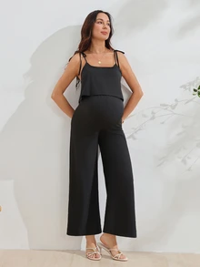 SHEIN 孕婦黑色哺乳式細肩帶繫帶連身褲 - 黑色 - 查看 8
