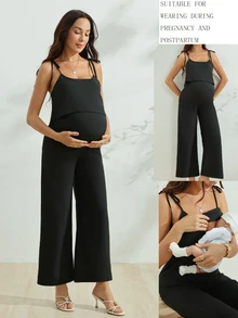 SHEIN 孕婦黑色哺乳式細肩帶繫帶連身褲 - 黑色 - 查看 10