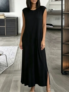 INAWLY Solva Summer Casual Solid Color Side Slit Long Dress - Black - View 4