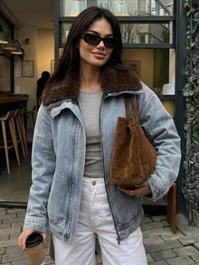 DAZY Women's Fur Collar Patchwork Loose Denim Padded Coat Fall Jacket - Light Wash - View 1