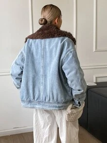 DAZY Women's Fur Collar Patchwork Loose Denim Padded Coat Fall Jacket - Light Wash - View 6