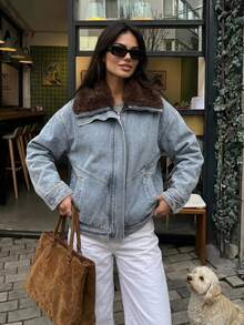 DAZY Women's Fur Collar Patchwork Loose Denim Padded Coat Fall Jacket - Light Wash - View 10