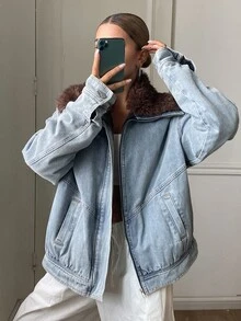 DAZY Women's Fur Collar Patchwork Loose Denim Padded Coat Fall Jacket - Light Wash - View 3