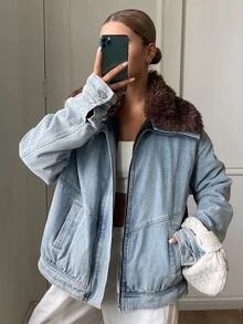 DAZY Women's Fur Collar Patchwork Loose Denim Padded Coat Fall Jacket - Light Wash - View 2